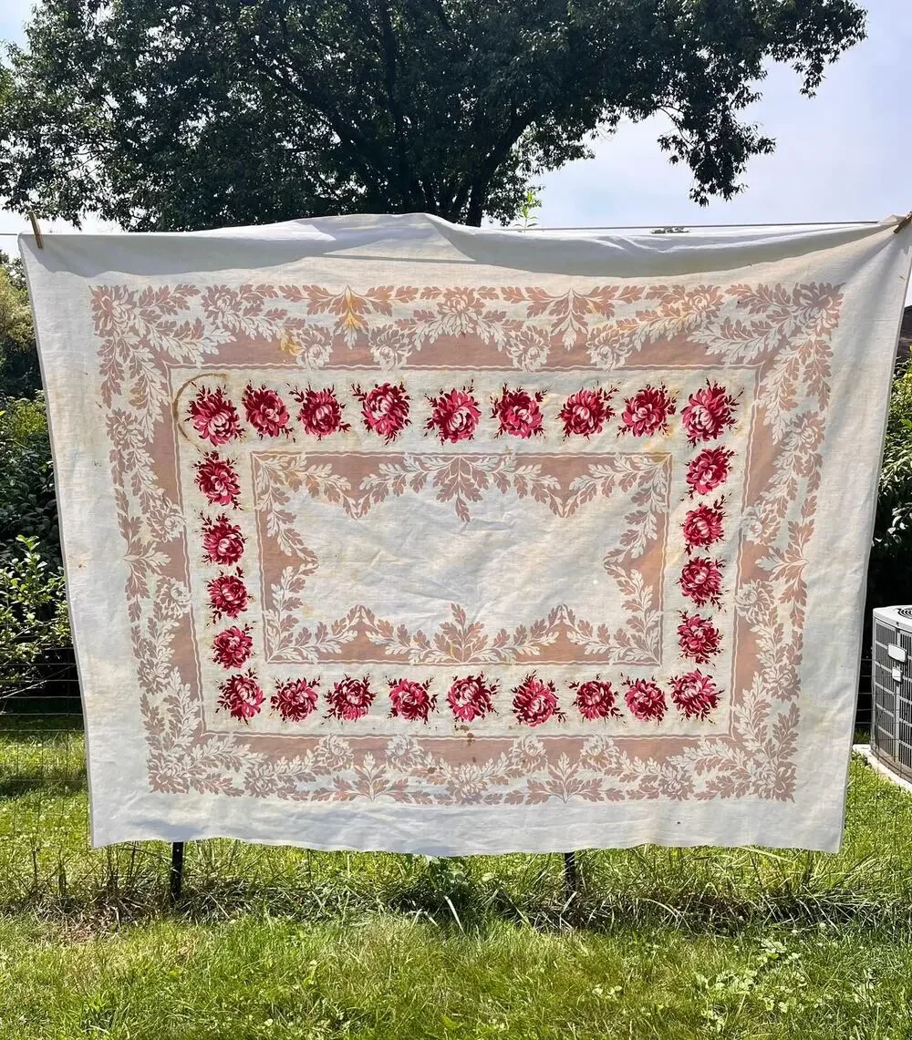 Vintage Tablecloth with Red and Pink Roses and Leaves